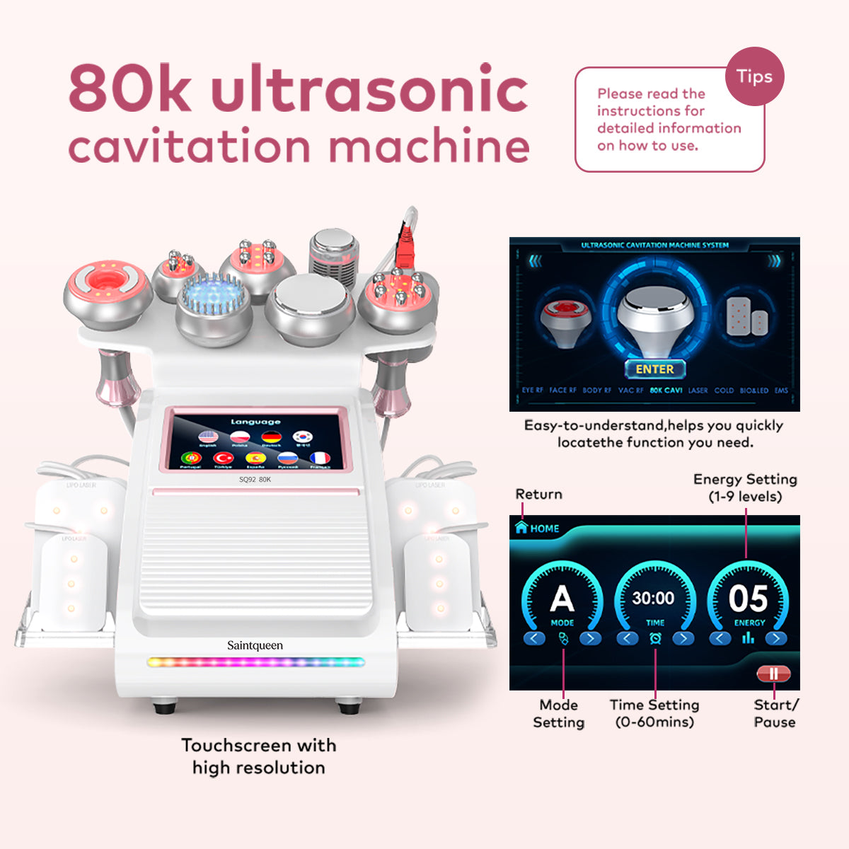 SQ92D Plus – Συσκευή σπηλαίωσης 80K 9 σε 1 με λέιζερ, RF και μικρορεύμα